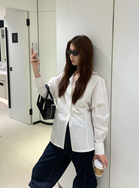 Halo Luu白色衬衫女春季新款微皱后背系扣可解开宽松收腰长袖衬衣