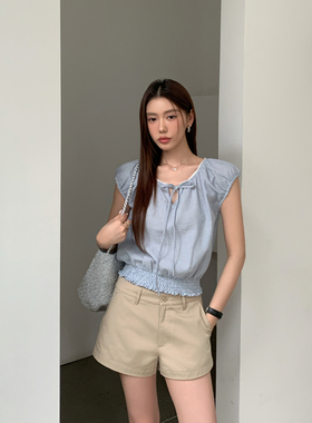 Halo Luu 浅蓝色短袖衬衣女夏季新款肌理感法式衬衫短款收腰小衫
