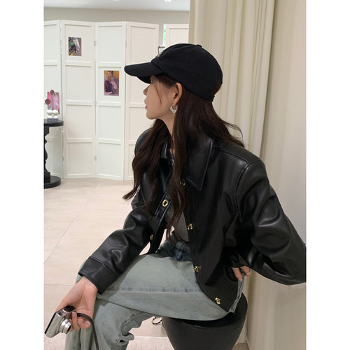 HaloLuu黑色皮衣短款机车夹克