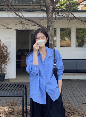 Halo Luu蓝色衬衫女秋季新款韩系上衣宽松休闲纯棉设计感长袖衬衣