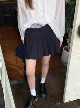 Halo Luu 高级感藏青色百褶裙女春季新款韩系撞色拼接短款半身裙