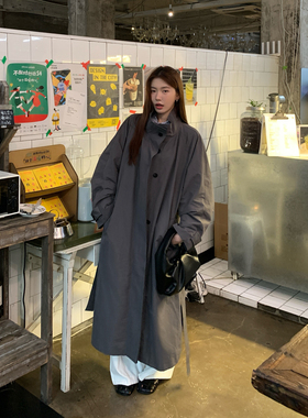 Halo Luu灰色风衣外套女春秋韩系宽松慵懒高级感立领廓形长款大衣