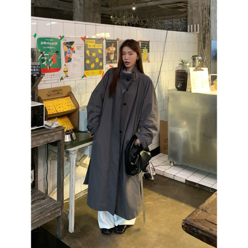 Halo Luu灰色风衣外套女秋季韩系休闲慵懒高级感立领廓形长款大衣
