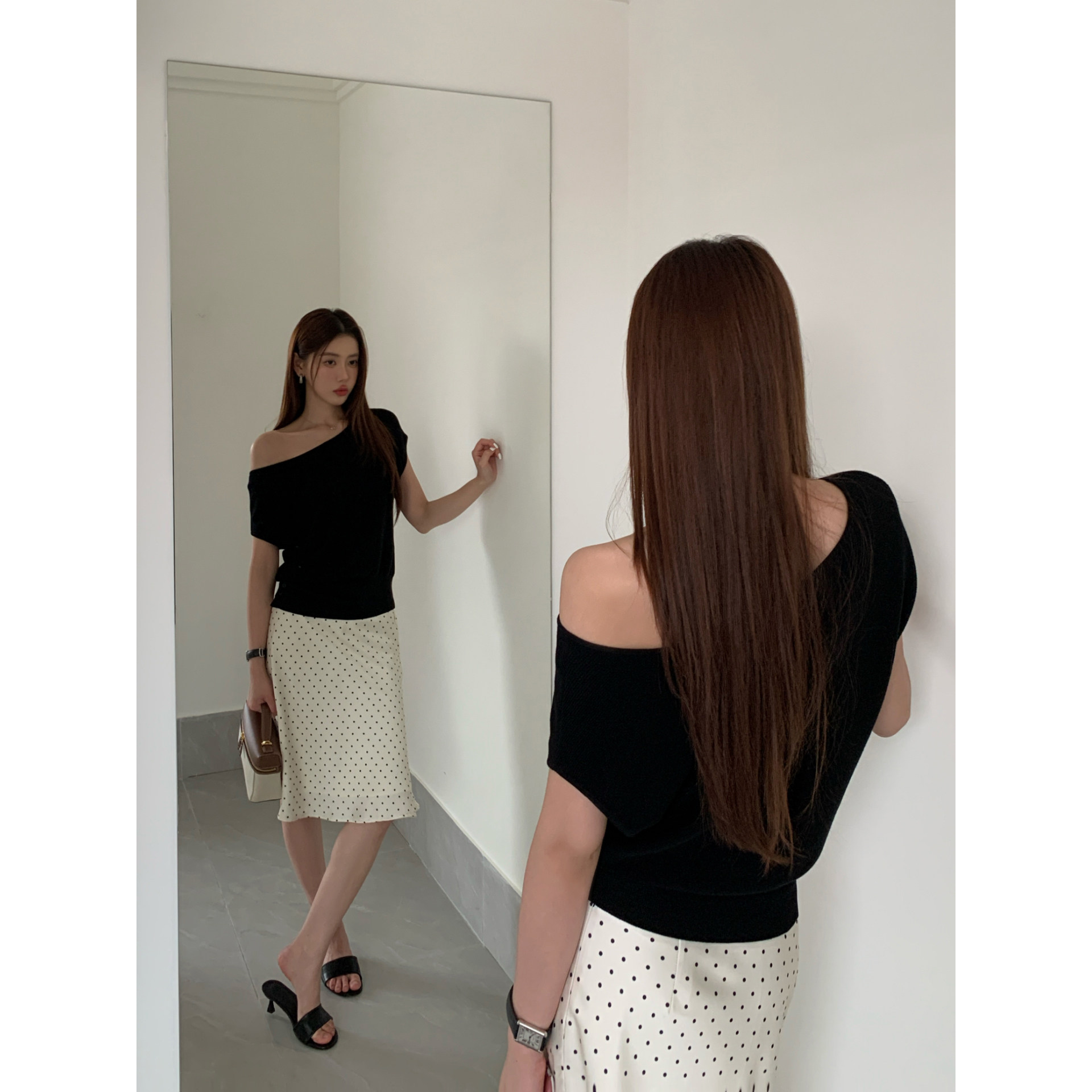 Halo Luu 黑色露肩短袖T恤女夏季新款针织衫斜肩收腰小飞袖上衣
