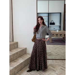 不规则a字长款 Halo 新款 复古棕色格纹半身裙女春季 小众裙子 Luu