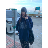 Luu 藏青色长袖 t恤女秋季 Halo 2025新款 韩系字母刺绣慵懒宽松上衣