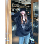 Halo Luu 黑色v领水貂毛毛衣女秋冬宽松慵懒风高级感软糯针织上衣