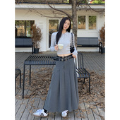 Halo 学院风双腰设计感加厚a字长裙 百褶半身裙女冬季 Luu 灰色西装