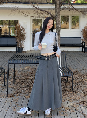 Halo Luu 灰色西装百褶半身裙女初春学院风双腰设计感加厚a字长裙