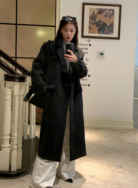 Halo Luu 深灰色羊毛西装大衣女冬季气质高级感加厚长款毛呢外套