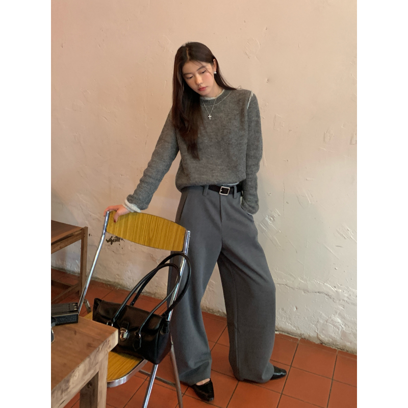 HaloLuu灰色阔腿西装裤高级感