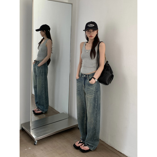 HaloLuu复古高腰显瘦阔腿牛仔裤
