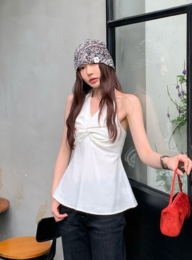 Halo Luu 独特绝美白色挂脖上衣女夏季v领设计感无袖扭结吊带背心