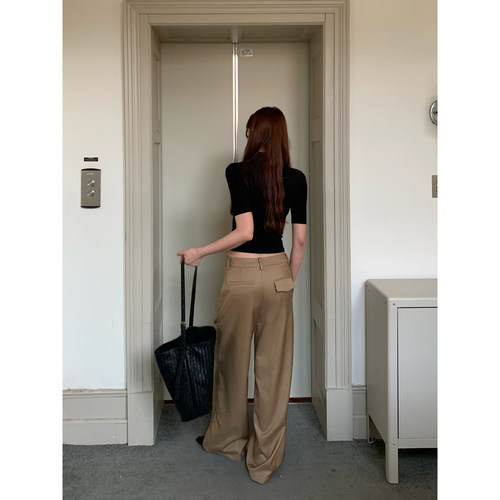 HaloLuu卡其色老钱风西装裤女