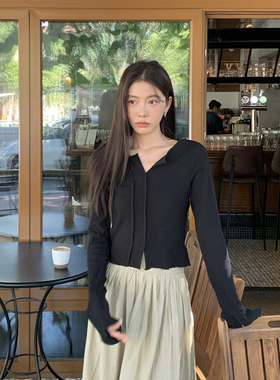 Halo Luu 法式黑色v领针织衫女春季新款喇叭袖设计感短款修身上衣