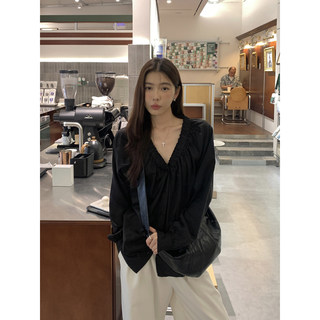 Halo Luu 法式黑色衬衫女夏季v领上衣宽松显瘦高级感薄款长袖衬衣