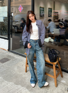 Halo Luu水洗复古蓝色阔腿牛仔裤女春秋新款猫须纹理宽松休闲长裤