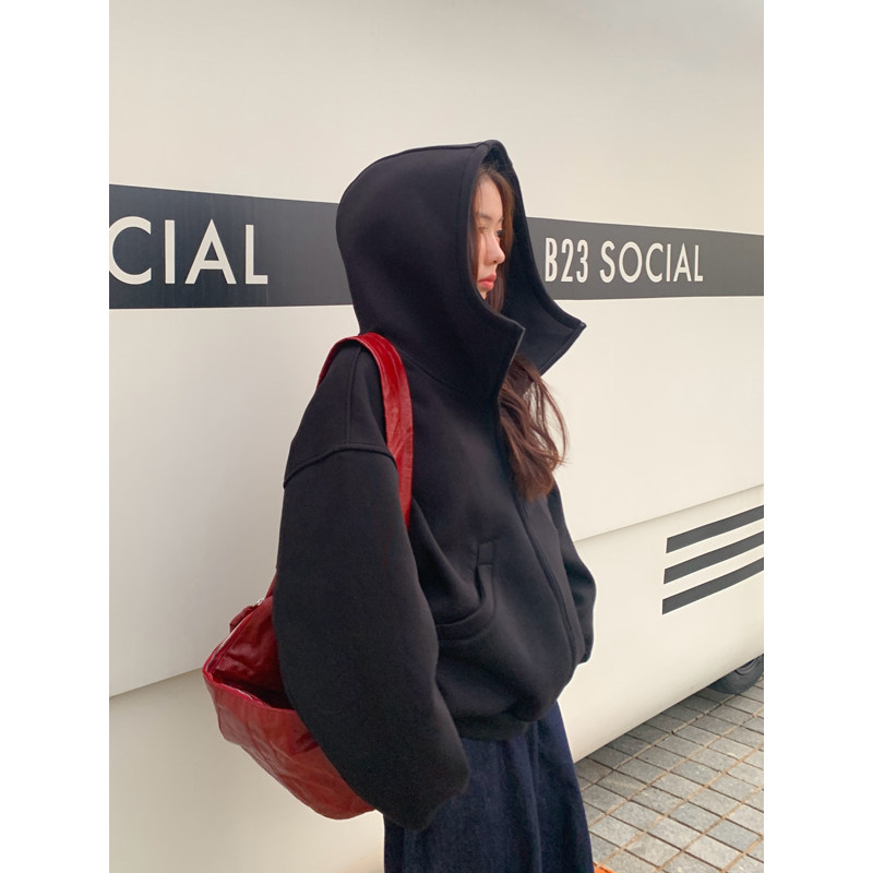 Halo Luu 黑色运动连帽卫衣女秋季2025新款廓形空气棉拉链厚外套