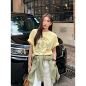 Luu 黄色花朵图案印花t恤女2025夏季 新款 Halo 圆领短袖 宽松上衣