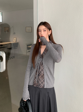 Halo Luu 灰色系带针织开衫女夏韩系薄款外搭v领修身上衣防晒罩衫