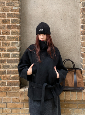 Halo Luu金敏喜同款100%绵羊毛大衣女冬新款立领黑色短款毛呢外套