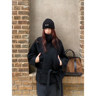 立领黑色短款 Halo 100%绵羊毛大衣女春季 金敏喜同款 毛呢外套 Luu