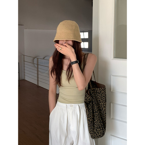 Halo Luu豆绿色吊带背心女夏季外穿带胸垫舒适细肩带修身显瘦上衣