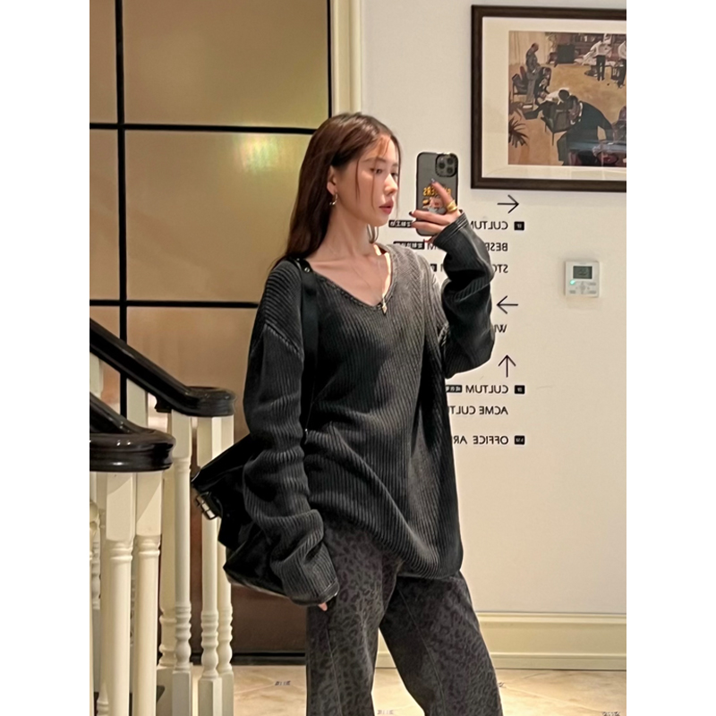 Halo Luu 水洗灰色v领毛衣女春季宽松慵懒风高级感套头针织衫上衣