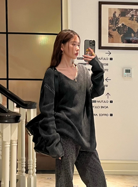 Halo Luu 水洗灰色v领毛衣女早春宽松慵懒风高级感套头针织衫上衣