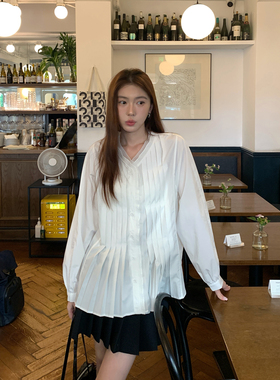 Halo Luu法式白色衬衫女春季新款v领上衣宽松显瘦设计感长袖衬衣