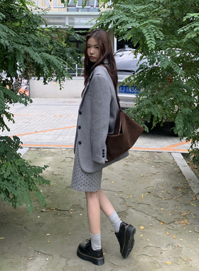 Halo Luu韩系复古灰色毛呢西装外套女早春新款加厚高级感呢子西服