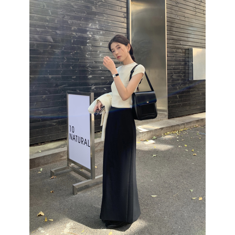 Halo Luu 黑色直筒裙西装半身裙女早秋垂感包臀裙高腰显瘦a字长裙