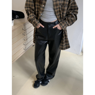 Luu 阔腿休闲长裤 清仓 女高腰显瘦pu皮窄版 黑色直筒皮裤 Halo