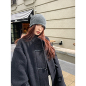 Halo 立领毛呢外套 加厚中长款 Luu 深灰色牛角扣羊毛大衣女冬新款