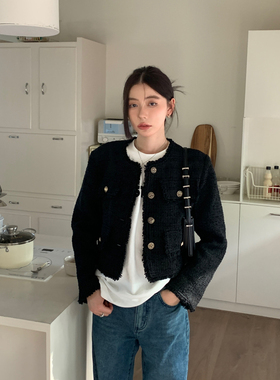 Halo Luu法式黑色小香风外套女秋冬2025新款金属扣短款气质高级感