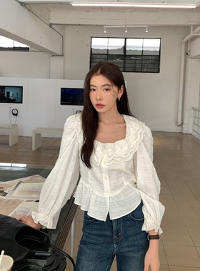 Halo Luu白色衬衫女春季法式方领上衣蕾丝小衫设计感高级长袖衬衣