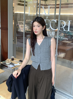 Halo Luu 麻花v领灰色针织马甲女开衫春季韩系叠穿坎肩背心短上衣