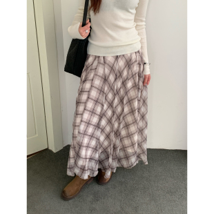 格子长裙温柔气质垂感裙子 米棕格纹半身裙女早春新款 Halo Luu