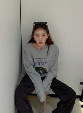 Halo Luu 灰色长袖t恤女春季新款韩系字母印花纯棉慵懒风宽松上衣
