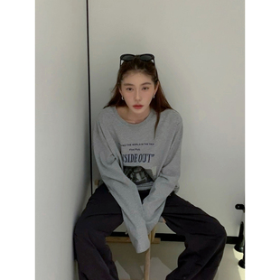 新款 Halo t恤女春季 灰色长袖 韩系字母印花纯棉慵懒风宽松上衣 Luu