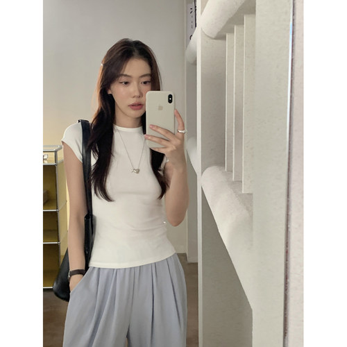 Halo Luu 白色圆领正肩短袖t恤女夏季修身显瘦百搭短款针织上衣