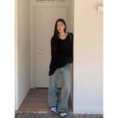 子松弛感直筒裤 Halo 韩系宽松休闲裤 女春季 Luu水洗蓝色阔腿牛仔裤