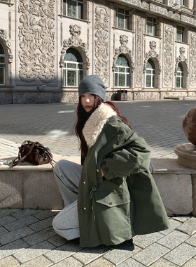 Halo Luu军绿色派克羽绒服女冬季新款90白鸭绒加厚设计感工装外套