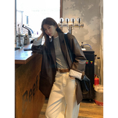 秋冬加厚韩系复古pu皮宽松中长款 Halo Luu棕色皮衣外套女西装 西服