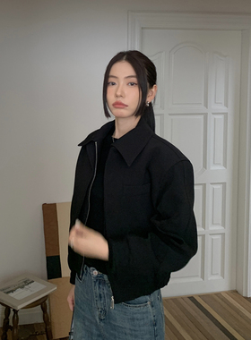 Halo Luu美式黑色飞行夹克女春季新款休闲翻领设计感短款拉链外套