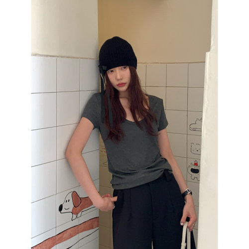 Halo Luu灰色u领短袖t恤女夏季显瘦正肩宽松慵懒大领口基础款上衣