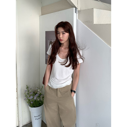 Halo Luu白色u领短袖t恤女夏季显瘦正肩宽松慵懒大领口基础款上衣