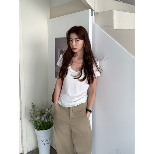 Halo Luu白色u领短袖t恤女夏季显瘦正肩宽松慵懒大领口基础款上衣