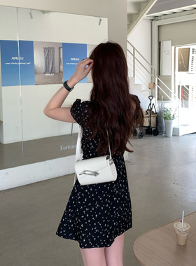 Halo Luu 茶歇法式黑色碎花连衣裙女夏季韩系绝美收腰短款a字裙子