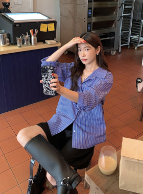 Halo Luu蓝色条纹衬衫女夏季韩系上衣宽松休闲设计感外套长袖衬衣